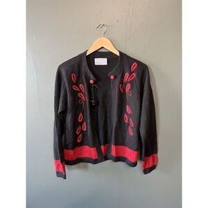 Alpaca Style by Artesanias Sweater Women M Black Red 100% Alpaca Open Cardigan